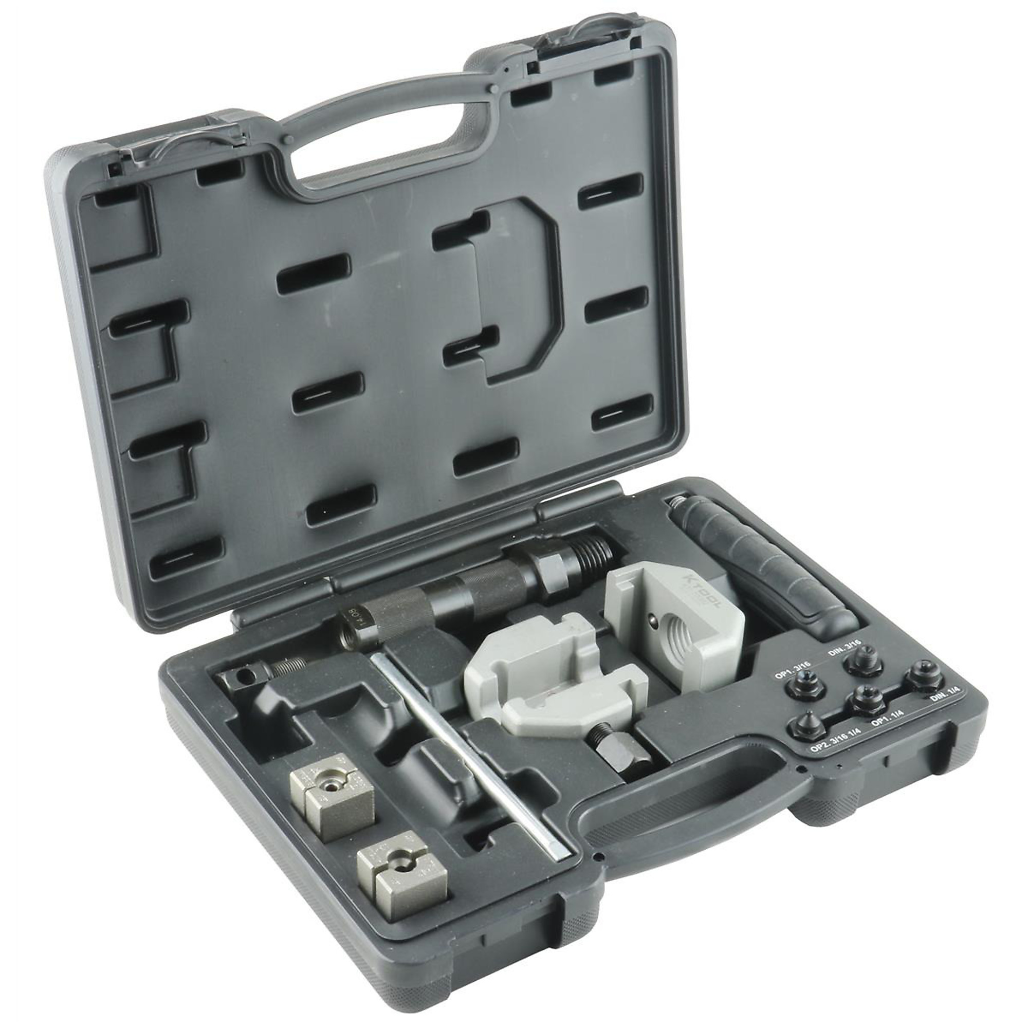 K-Tool International Hydraulic Flaring Tool Kit — 45 Degree, Stainless Steel/Steel/Soft Metal Tubing, Includes 3/16in. & 1/4in. Dies, Adapters, Handle, Carrying Case, Model# KTI70082
